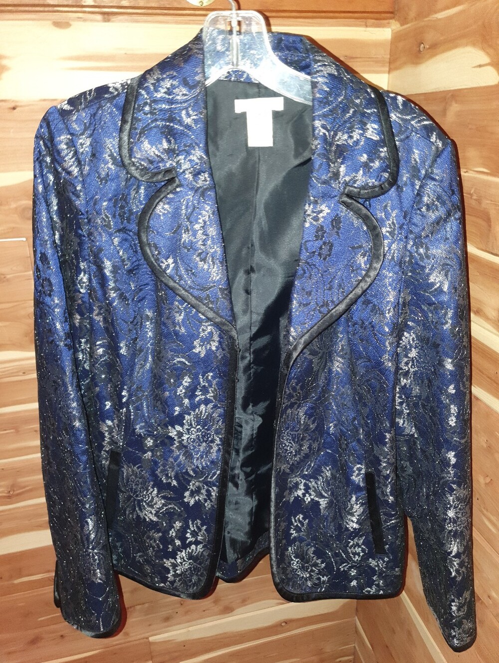 Laura Ashley Blue Metallic Floral Blazer with Black Piping